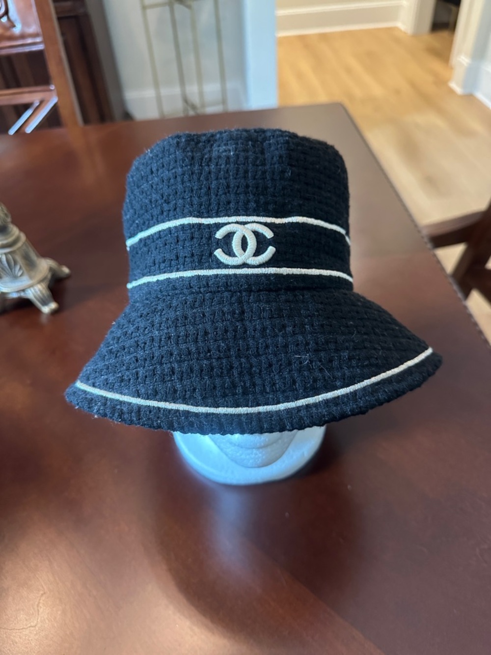 CHANEL Black Bucket Hat with White CC Trim